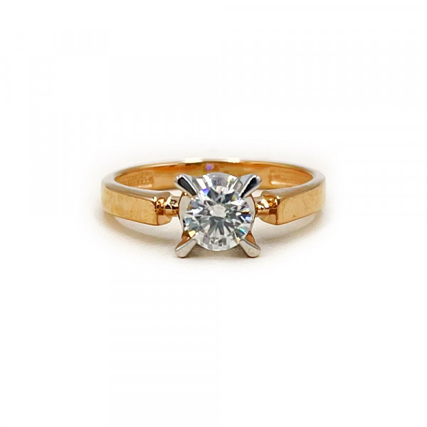 Золота каблучка у червоному з білим кольорі з цирконом