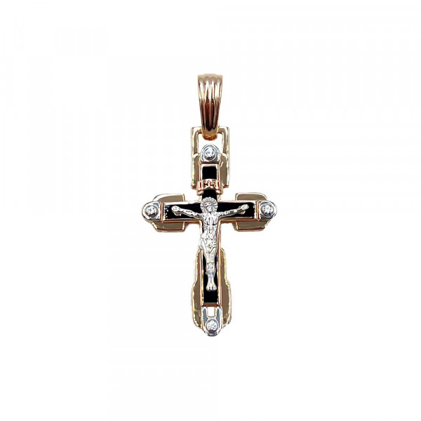 Золотий хрестик у червоному з білим кольорі з цирконом