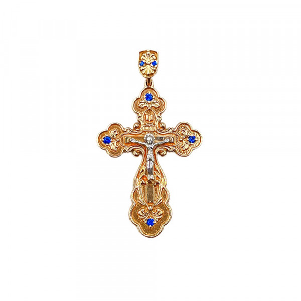 Золотий хрестик у червоному з білим кольорі з цирконом