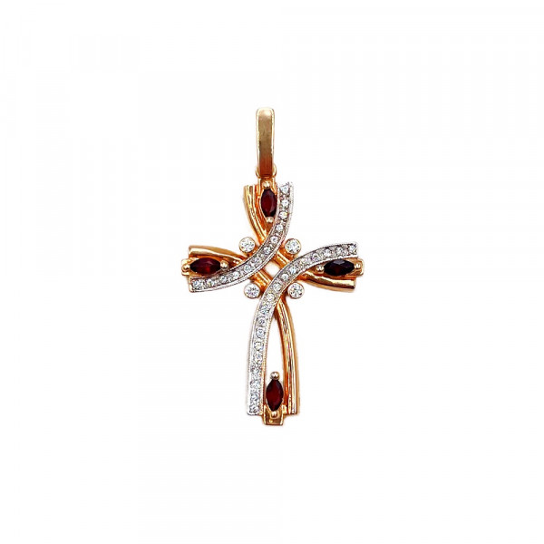 Хрестик з золота червоного з білим кольору з цирконом