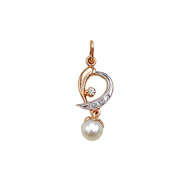 Кулон з золота червоного з білим кольору з перлиною та цирконом