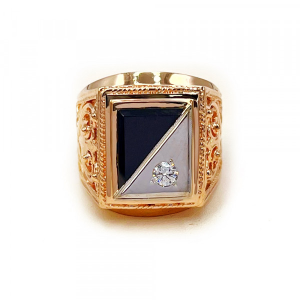 Золотий перстень у червоному з білим кольорі з цирконом