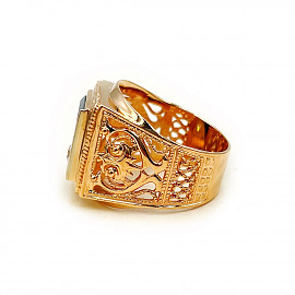 Золотий перстень у червоному з білим кольорі з цирконом