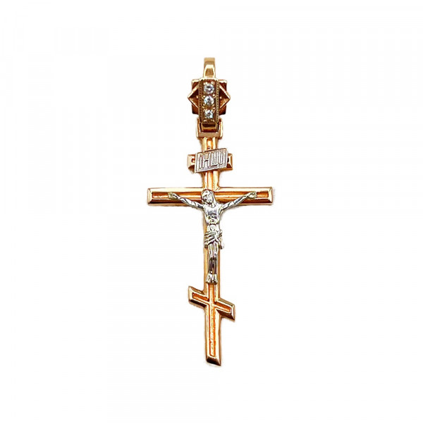 Хрестик з золота червоного з білим кольору з білими діамантами