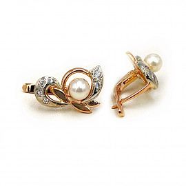 Сережки з червоного з білим золота з перлиною та цирконом 01-200788467