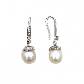 Сережки з золота білого кольору з перлиною та цирконом 01-200853569