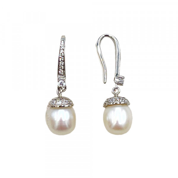 Сережки з золота білого кольору з перлиною та цирконом