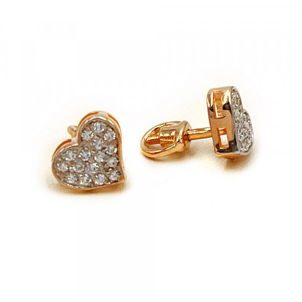 Серьги из золота в красном с белым цвете с цирконом «Сердце»