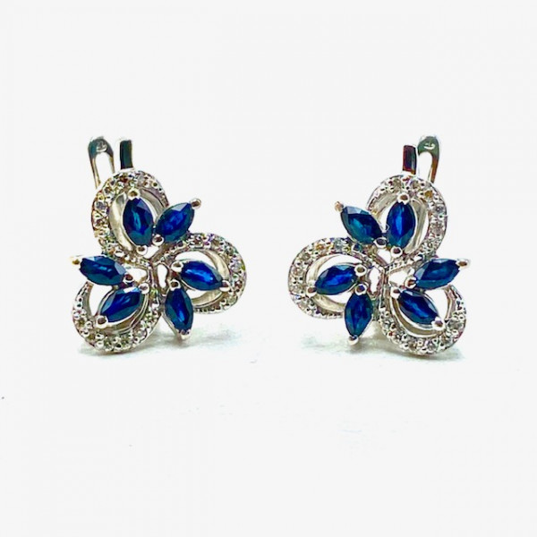Сережки з золота білого кольору з синіми корундами та жовтими діамантами