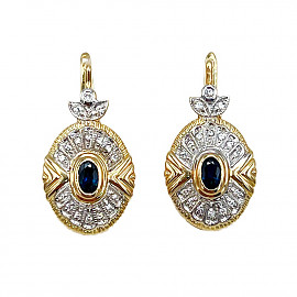 Серьги из золота желтого с белым цвета с синими корундами и белыми бриллиантами 01-200819871