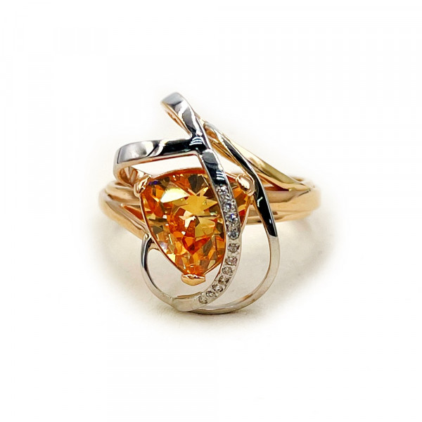 Золота каблучка у червоному з білим кольорі з цирконом