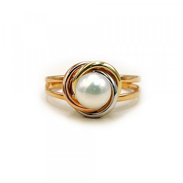 Каблучка з золота червоного з жовтим та білим кольору з перлиною