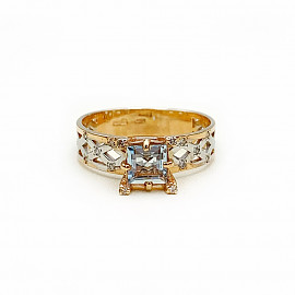 Золотое кольцо красного с белым цвета с голубым топазом и желтыми бриллиантами