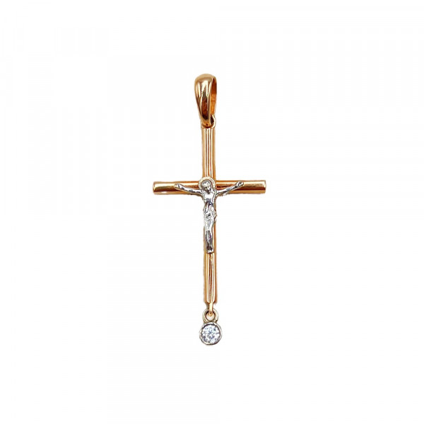 Хрестик з золота у червоному з білим кольорі з цирконом
