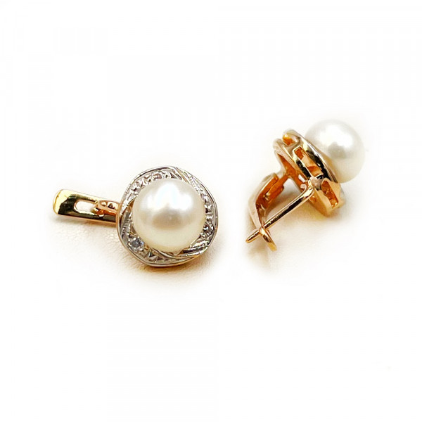 Серьги из золота в красном с белым цвете с жемчугом и цирконом