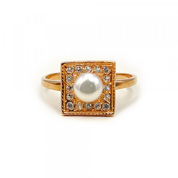 Каблучка з червоного золота з перлиною та цирконом