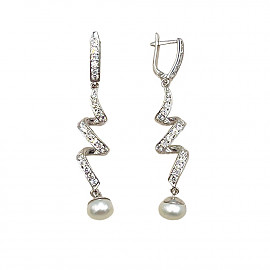 Золотые серьги белого цвета с жемчугом и цирконом 01-200878275