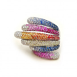 Каблучка з білого золота з веселковими корундами та білими та жовтими діамантами 01-200788376