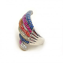 Каблучка з білого золота з веселковими корундами та білими та жовтими діамантами