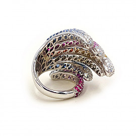 Каблучка з білого золота з веселковими корундами та білими та жовтими діамантами