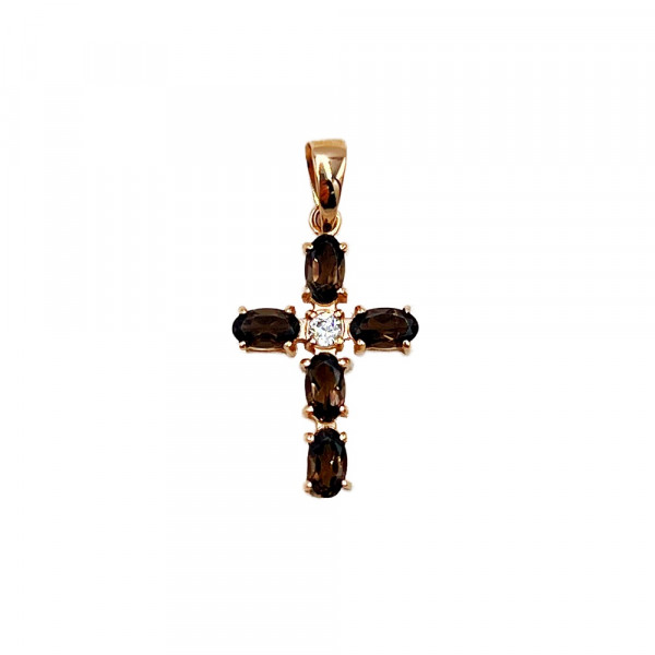 Хрестик з золота у червоному кольорі з димчастими кварцами та цирконом