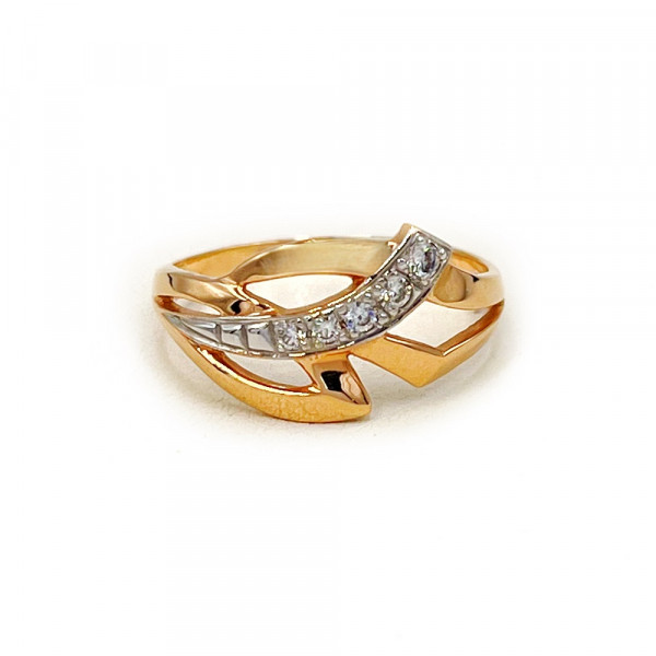 Золотое кольцо в красном с белым цвете с цирконом