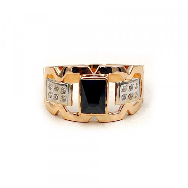 Золотий перстень у червоному з білим кольорі з цирконом