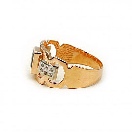 Золотий перстень у червоному з білим кольорі з цирконом