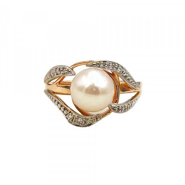 Каблучка з золота червоного з білим кольору з білими діамантами та перлиною