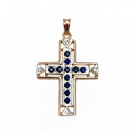 Золотой крестик красного с белым цвета с синими корундами и белыми бриллиантами