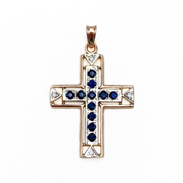 Золотой крестик красного с белым цвета с синими корундами и белыми бриллиантами