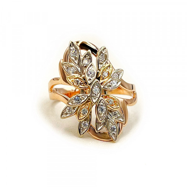 Золотое кольцо красного с желтым и белым цвета с цирконом