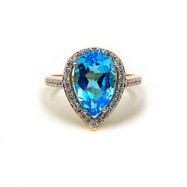 Золотое кольцо в красном с белым цвете с голубым топазом и цирконом 01-200878281