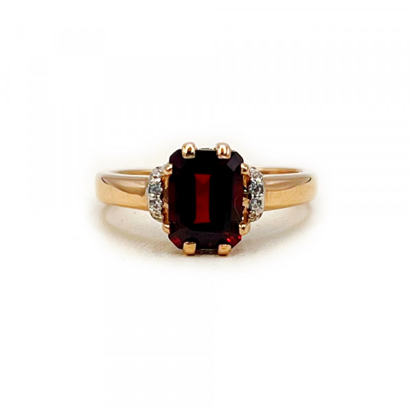 Золота каблучка у червоному кольорі з коричневим гранатом та цирконом