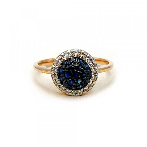 Каблучка з червоного з білим золота з жовтими діамантами та синіми корундами