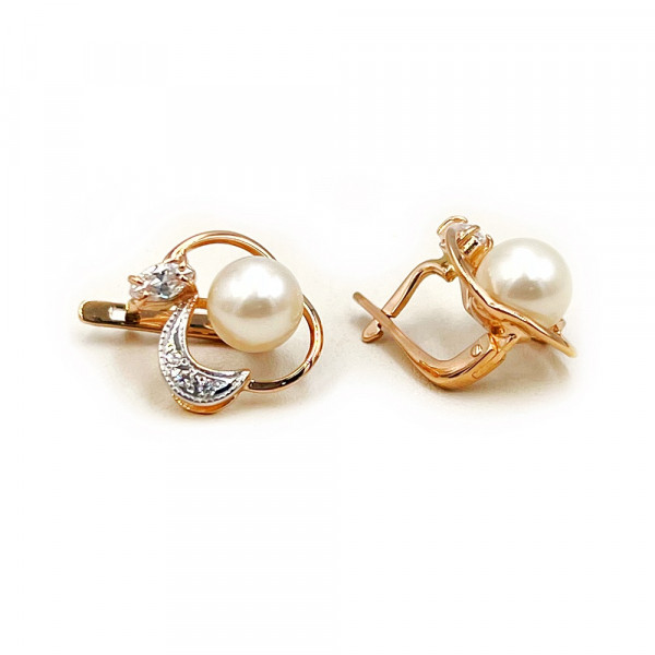 Сережки з золота у червоному з білим кольорі з перлиною та цирконом
