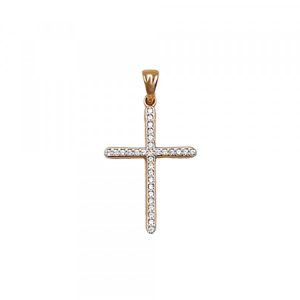 Золотой крестик в красном цвете с цирконом