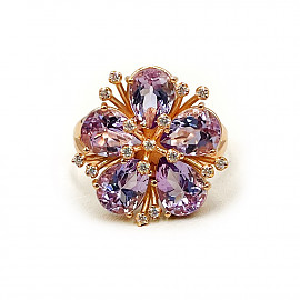 Золотое кольцо в красном цвете с сиреневыми аметистами и цирконом «Цветок» 01-200806083