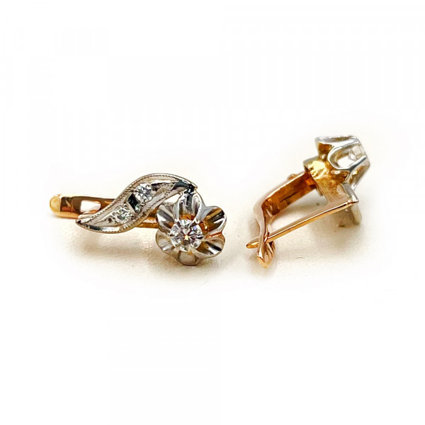 Сережки з золота у червоному з білим кольорі з жовтими та білими діамантами