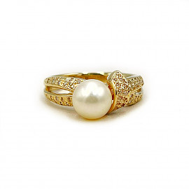 Кольцо из желтого золота с жемчугом и цирконом 01-200916084