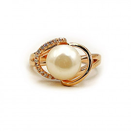 Золотое кольцо в красном цвете с жемчугом и цирконом 01-200827685