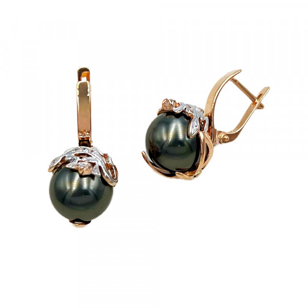 Сережки з золота червоного з білим кольору з перлиною та цирконом