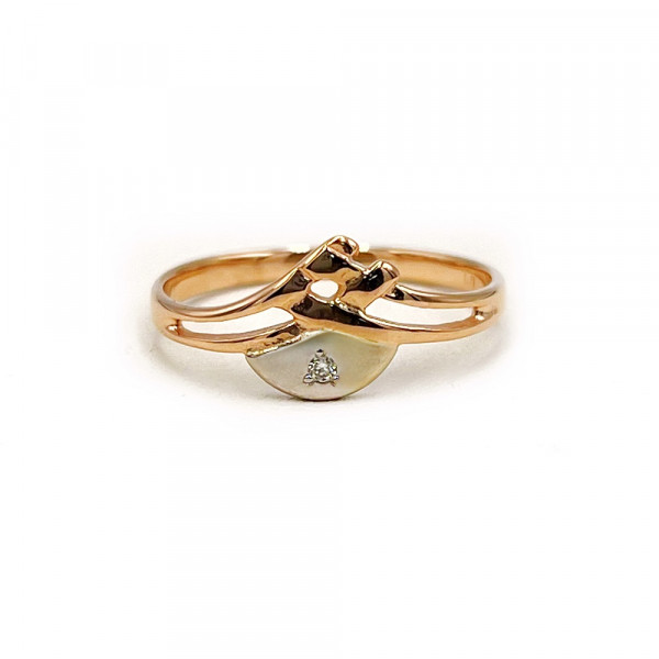 Золота каблучка у червоному з білим кольорі з цирконом