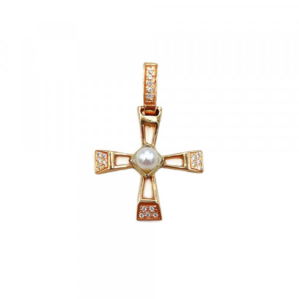 Золотой крестик красного цвета с жемчугом и цирконом