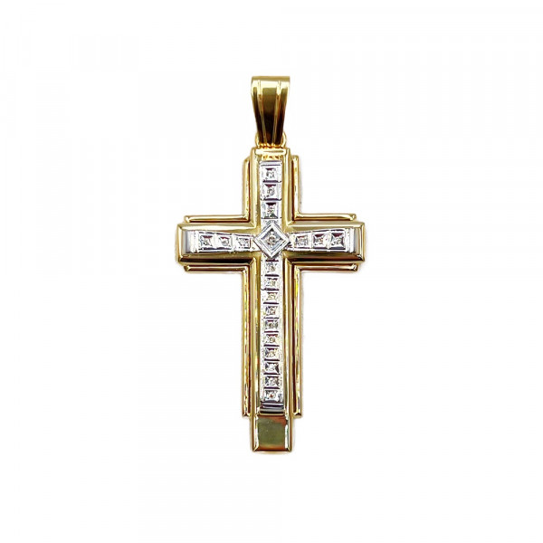 Хрестик з золота жовтого з білим кольору з жовтими діамантами