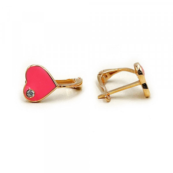 Золотые серьги с эмалью и цирконом «Сердца»