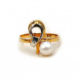 Каблучка з золота червоного з білим кольору з перлиною та цирконом 01-200285890