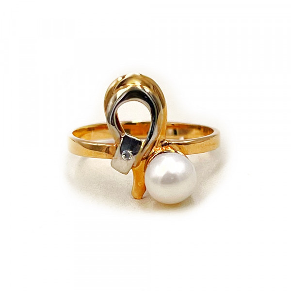 Каблучка з золота червоного з білим кольору з перлиною та цирконом