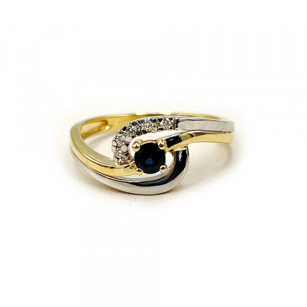 Каблучка з золота у жовтому з білим кольорі з синім корундом та жовтими діамантами