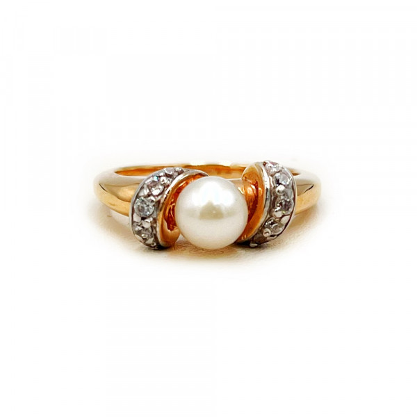 Золота каблучка червоного з білим кольору з перлиною та цирконом
